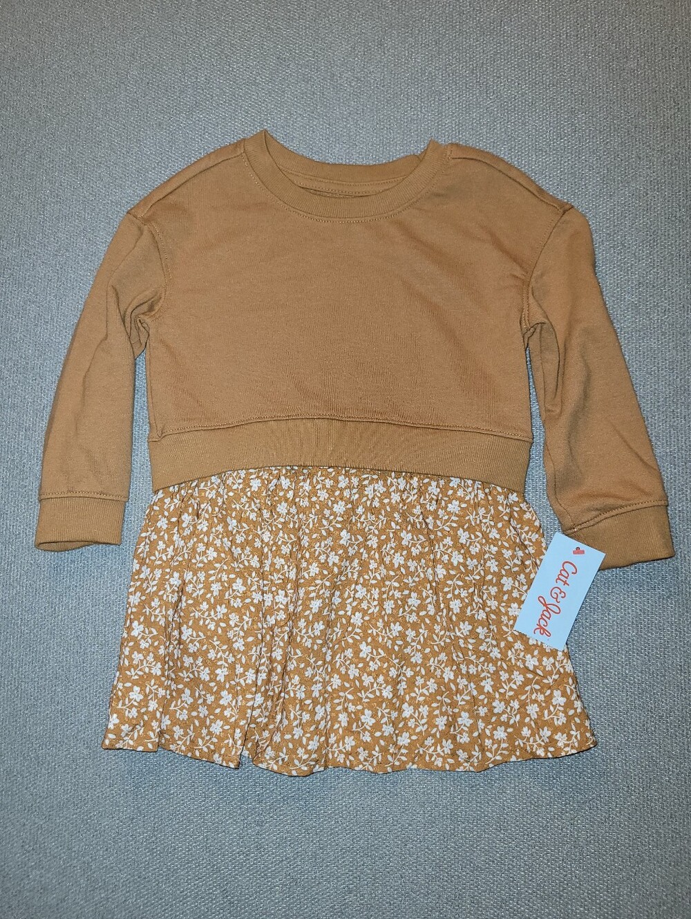 Cat & Jack Size 3t Mustard-Tan Floral Longsleeve Dress NWT